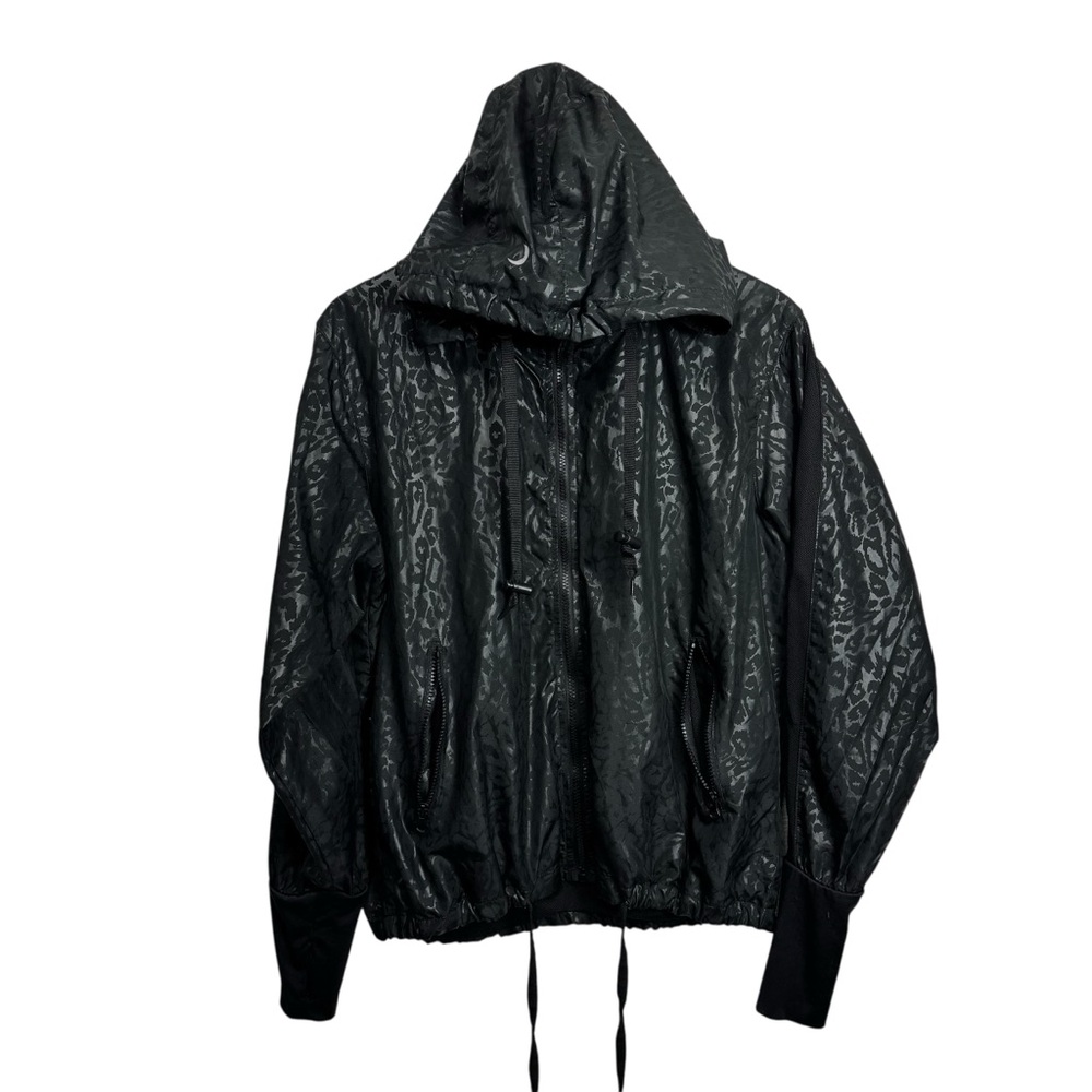 ZYIA Black Leopard Print Hooded Rain Jacket Large